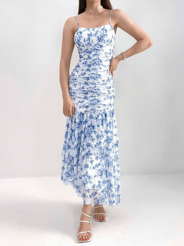 Women's Summer Holiday Ditsy Floral Ruched Slim Fit Dress With Spaghetti Straps