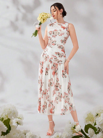 Women's Summer Holiday Floral Printed Sleeveless Pleated Dress