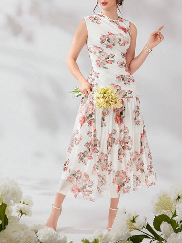 Women's Summer Holiday Floral Printed Sleeveless Pleated Dress