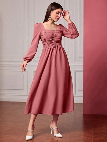 Women's Summer Ruched High Waisted Elegant Dress With Long Square Neckline