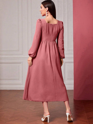 Women's Summer Ruched High Waisted Elegant Dress With Long Square Neckline