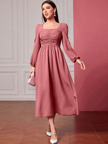Women's Summer Ruched High Waisted Elegant Dress With Long Square Neckline
