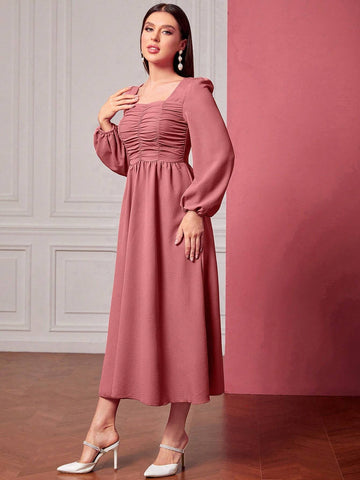 Women's Summer Ruched High Waisted Elegant Dress With Long Square Neckline