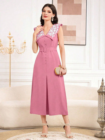 Women's Summer Sleeveless Dress With Embroidered Peter Pan Collar And Split Hem