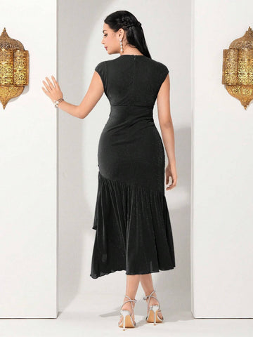 Women's Summer Sleeveless Ruched Elegant Bodycon Ruffle Party Cocktail Dress