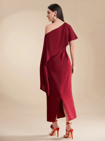 Women's Summer Solid Color Asymmetrical Collar With Ruffle Trim Elegant Long Dress