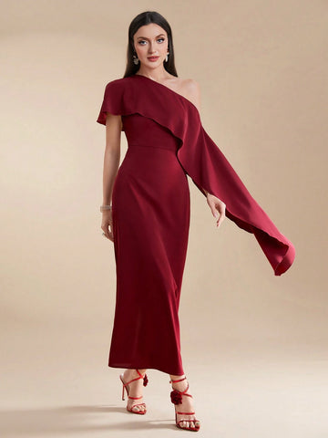 Women's Summer Solid Color Asymmetrical Collar With Ruffle Trim Elegant Long Dress