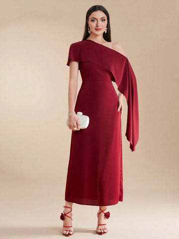 Women's Summer Solid Color Asymmetrical Collar With Ruffle Trim Elegant Long Dress