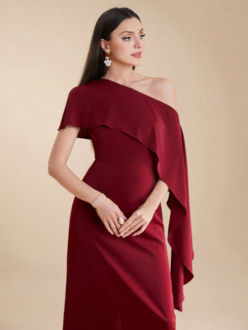 Women's Summer Solid Color Asymmetrical Collar With Ruffle Trim Elegant Long Dress