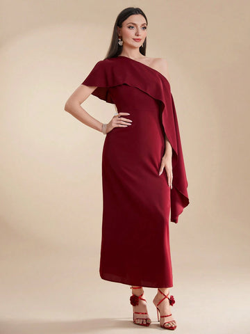 Women's Summer Solid Color Asymmetrical Collar With Ruffle Trim Elegant Long Dress