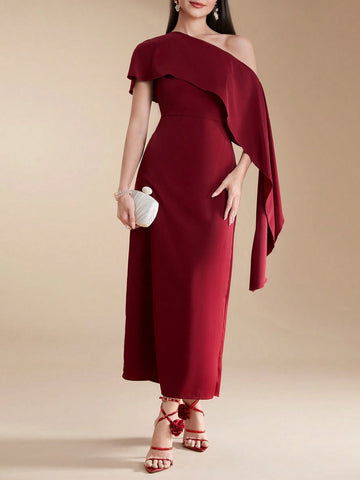 Women's Summer Solid Color Asymmetrical Collar With Ruffle Trim Elegant Long Dress
