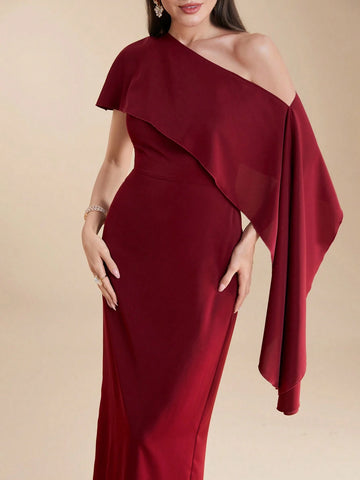 Women's Summer Solid Color Asymmetrical Collar With Ruffle Trim Elegant Long Dress