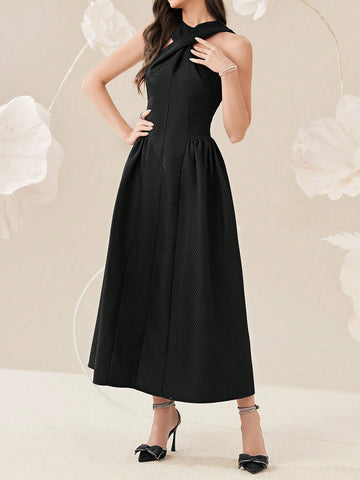 Women's Summer Solid Color Cross Twist Knee-Length Sleeveless Elegant Dress