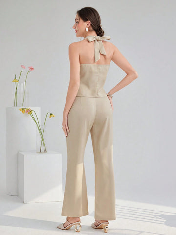 Women's Summer Solid Color Duck Button Decoration Sleeveless Top And Pants Office Commute Two-Piece Set