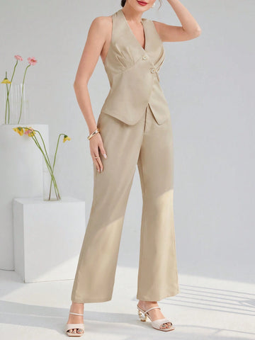 Women's Summer Solid Color Duck Button Decoration Sleeveless Top And Pants Office Commute Two-Piece Set