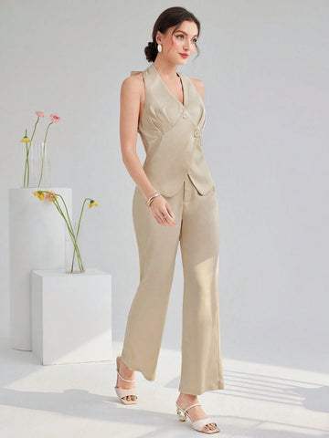 Women's Summer Solid Color Duck Button Decoration Sleeveless Top And Pants Office Commute Two-Piece Set