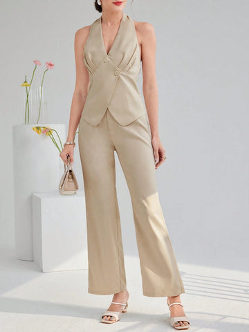 Women's Summer Solid Color Duck Button Decoration Sleeveless Top And Pants Office Commute Two-Piece Set