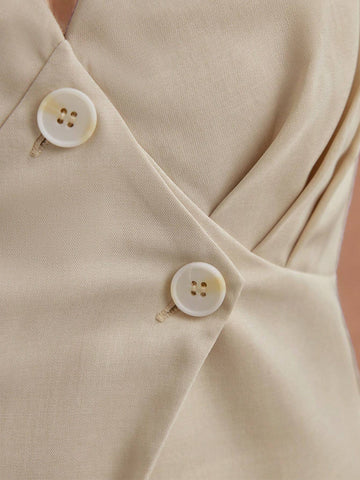 Women's Summer Solid Color Duck Button Decoration Sleeveless Top And Pants Office Commute Two-Piece Set