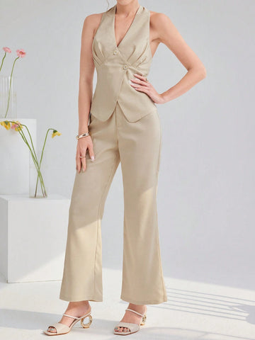 Women's Summer Solid Color Duck Button Decoration Sleeveless Top And Pants Office Commute Two-Piece Set