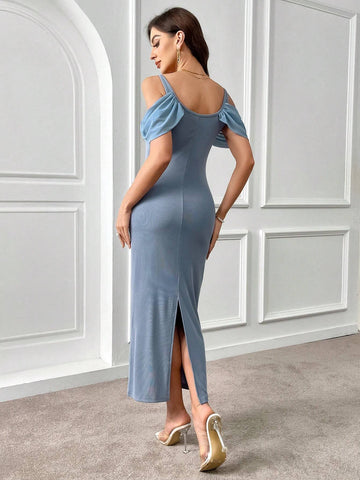 Women's Summer Solid Color Open Shoulder Knit Slim Long Elegant Dress