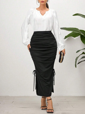 Modely Women's Summer Solid Color Pleated Drawstring High Slit Skirt