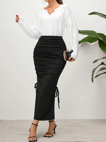 Modely Women's Summer Solid Color Pleated Drawstring High Slit Skirt