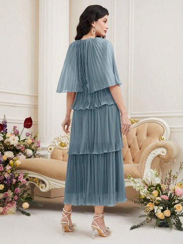 Women's Summer Solid Color Round Neck Mesh Patchwork Multilayer Ruffled Hem Long Elegant