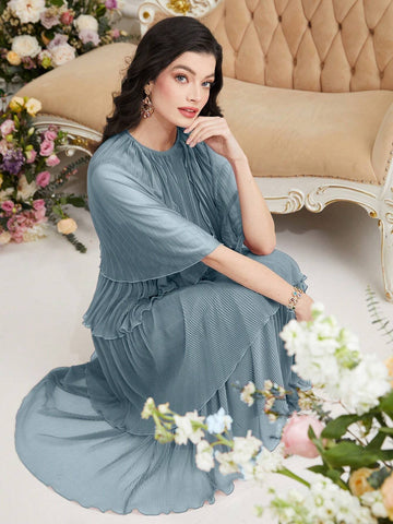 Women's Summer Solid Color Round Neck Mesh Patchwork Multilayer Ruffled Hem Long Elegant