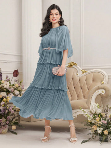 Women's Summer Solid Color Round Neck Mesh Patchwork Multilayer Ruffled Hem Long Elegant