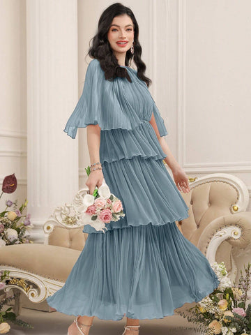 Women's Summer Solid Color Round Neck Mesh Patchwork Multilayer Ruffled Hem Long Elegant