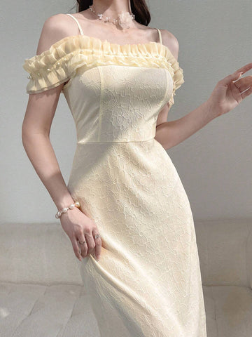 Women's Summer Solid Color Splicing Ruffle Long Elegant Dress With Ruffle Trim