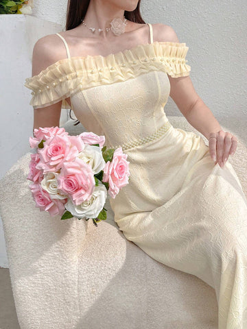Women's Summer Solid Color Splicing Ruffle Long Elegant Dress With Ruffle Trim