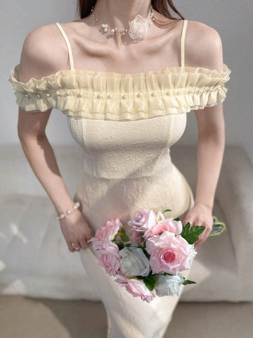 Women's Summer Solid Color Splicing Ruffle Long Elegant Dress With Ruffle Trim