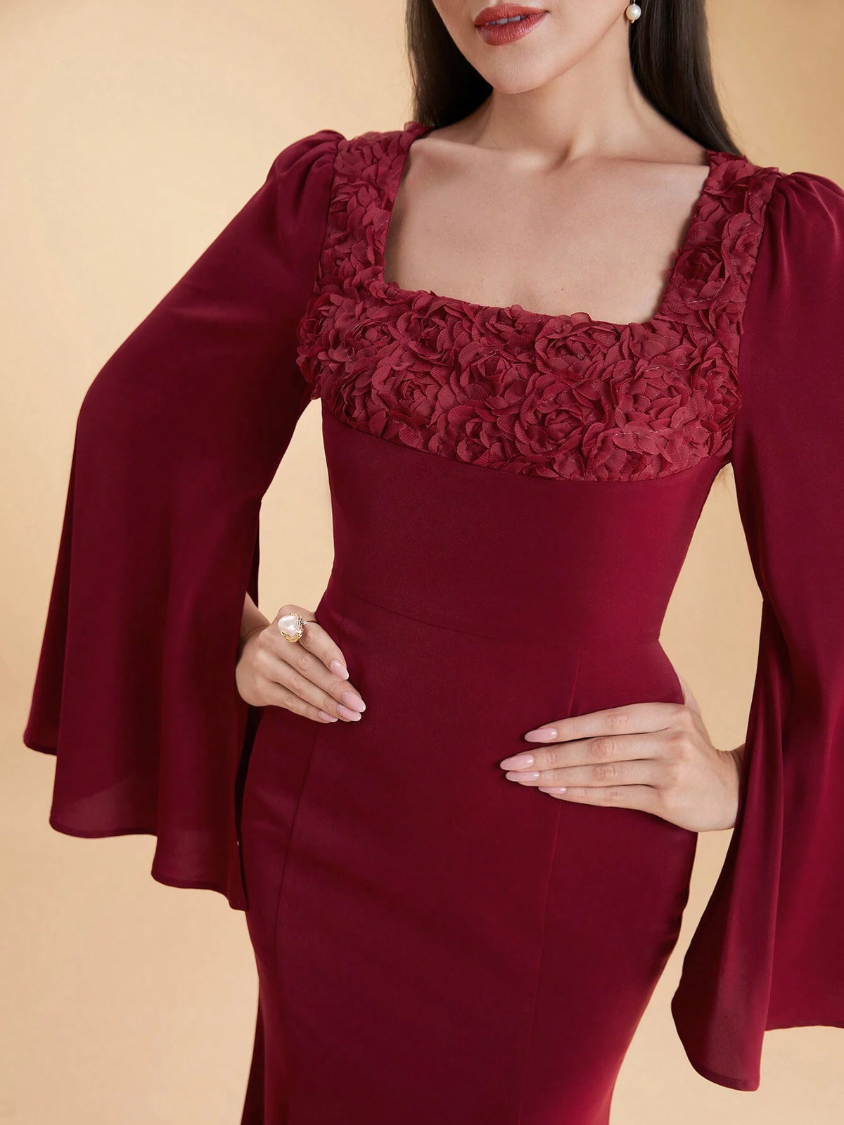 Women's Summer Solid Color Square Neck Flared Sleeve Pleated Party Matching Dress