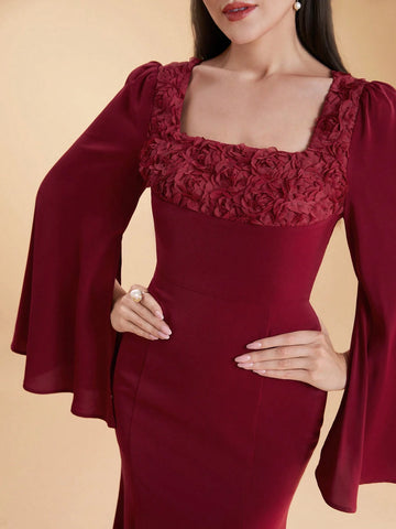 Women's Summer Solid Color Square Neck Flared Sleeve Pleated Party Matching Dress