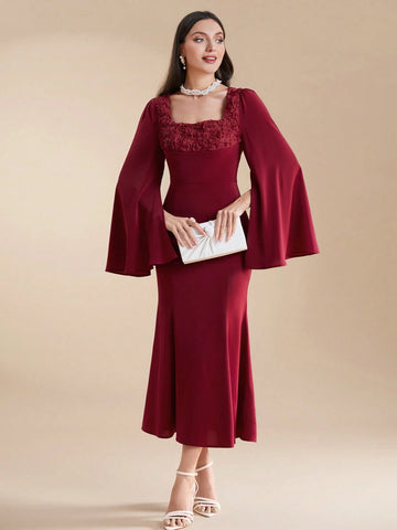 Women's Summer Solid Color Square Neck Flared Sleeve Pleated Party Matching Dress