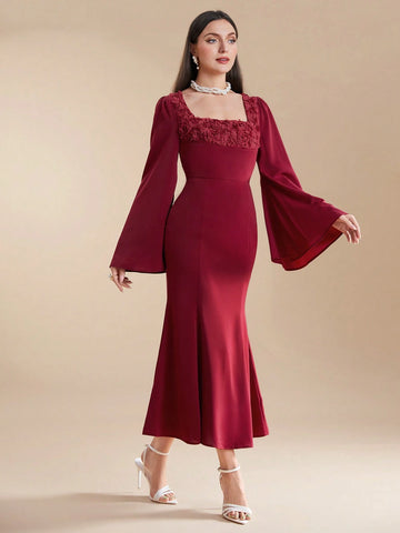 Women's Summer Solid Color Square Neck Flared Sleeve Pleated Party Matching Dress