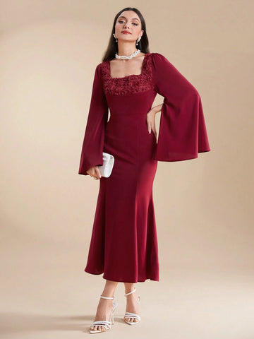 Women's Summer Solid Color Square Neck Flared Sleeve Pleated Party Matching Dress