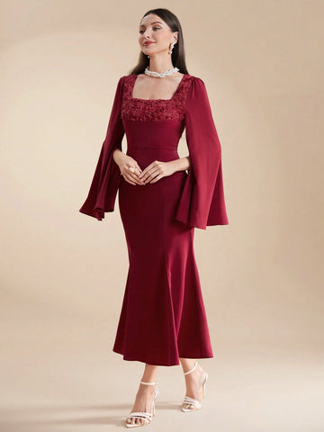 Women's Summer Solid Color Square Neck Flared Sleeve Pleated Party Matching Dress