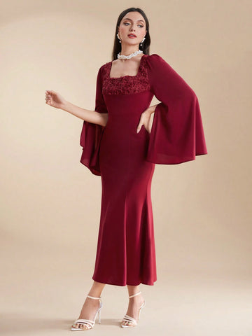 Women's Summer Solid Color Square Neck Flared Sleeve Pleated Party Matching Dress