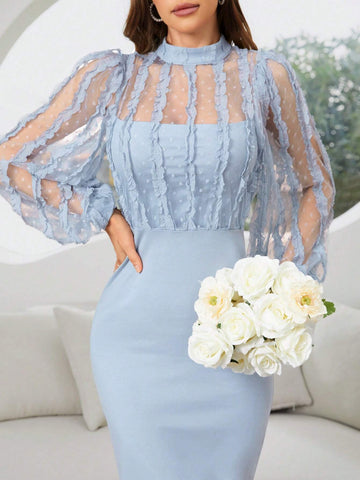 Women's Summer Stand Collar Mesh Lantern Sleeve Bodycon Dress With Elegant Embroidery Details