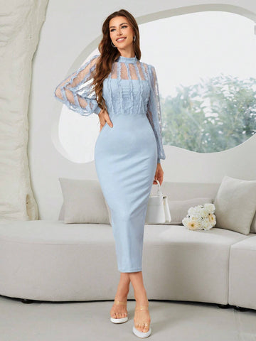 Women's Summer Stand Collar Mesh Lantern Sleeve Bodycon Dress With Elegant Embroidery Details