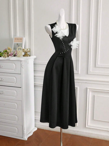 Women's Summer V-Neck Sleeveless A-Line Dress With Elegant 3D Flower Details