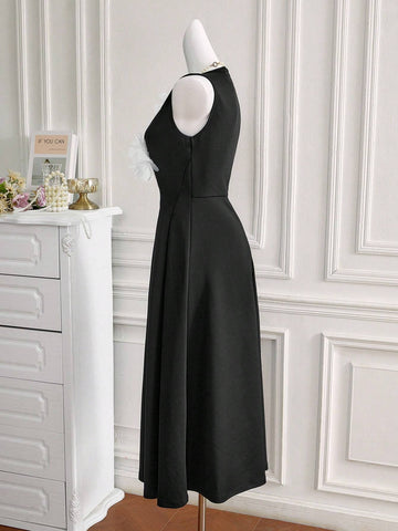 Women's Summer V-Neck Sleeveless A-Line Dress With Elegant 3D Flower Details