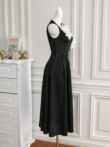 Women's Summer V-Neck Sleeveless A-Line Dress With Elegant 3D Flower Details