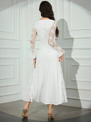 Women''s Sweetheart Neck Contrast Lace Bell Sleeve Maxi Elegant Dress