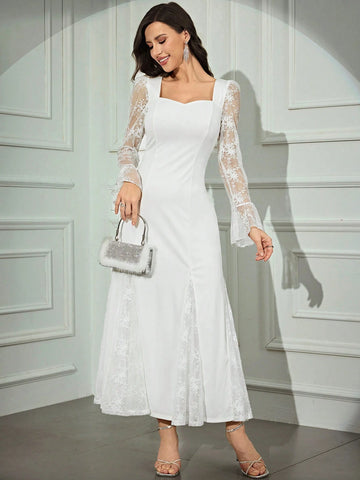 Women''s Sweetheart Neck Contrast Lace Bell Sleeve Maxi Elegant Dress