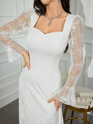 Women''s Sweetheart Neck Contrast Lace Bell Sleeve Maxi Elegant Dress