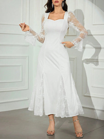 Women''s Sweetheart Neck Contrast Lace Bell Sleeve Maxi Elegant Dress