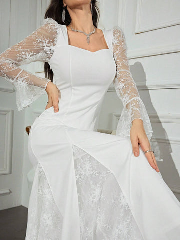 Women''s Sweetheart Neck Contrast Lace Bell Sleeve Maxi Elegant Dress